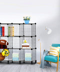 Wire Cube Storage Organizer With 9 Cube Bookcase Open Grid Shelves in a living room, holding books, toys, and accessories