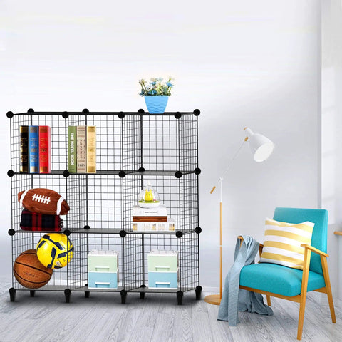 Wire Cube Storage Organizer With 9 Cube Bookcase Open Grid Shelves in a living room, holding books, toys, and accessories