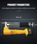 Cordless 12000 PSI Grease Gun Kit With Dual Batteries And Charger, dimensions shown, yellow handle, silver nozzle.