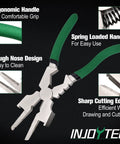 8 Inch MIG Welding Pliers with nozzle cleaner, ergonomic green handle, spring-loaded, tough nose, and sharp cutting edge.