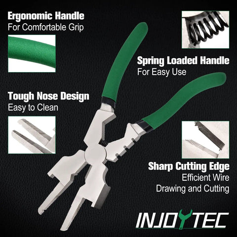 8 Inch MIG Welding Pliers with nozzle cleaner, ergonomic green handle, spring-loaded, tough nose, and sharp cutting edge.