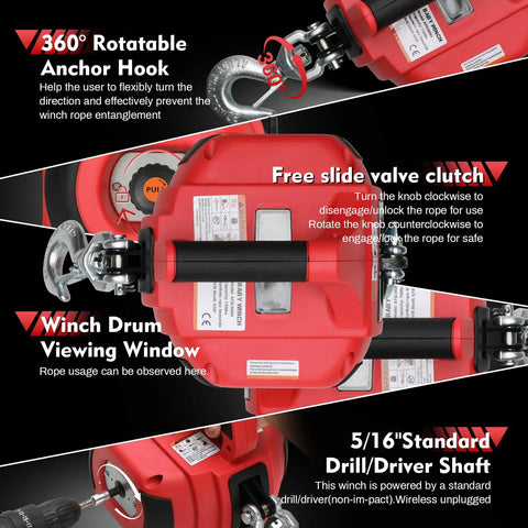 Red Portable Drill Winch With 1000 Lb Load Capacity And 40 Ft Synthetic Rope, handheld winch with 360° hook rotation and viewing window
