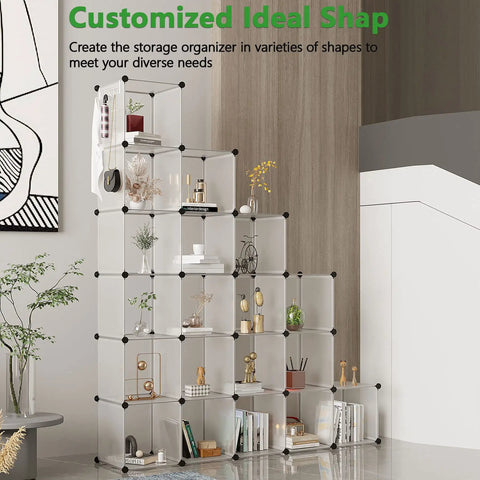 20 Cube Storage Organizer Shelves Unit DIY Plastic Modular Bookcase in Transparent White for Bedroom Living Room and Office Easy Assembly Space Saving Cubes for Books Toys Decor Perfect for a Clean Modern Vibe arranged in a living room corner