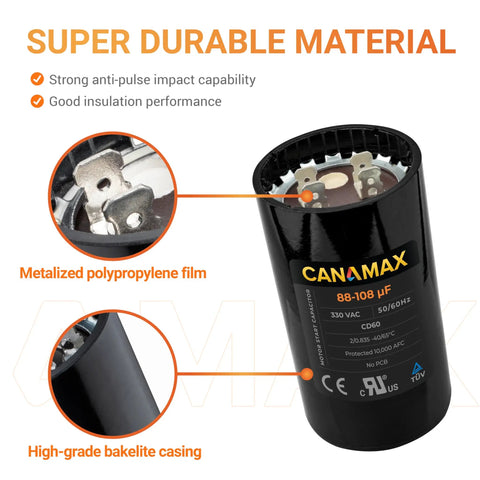 Beefy 88 To 108uF 330V Round Motor Start Capacitor showing metalized film and bakelite casing details