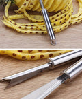 Pineapple Eye Peeler And Remover Tool Set With V Shape Stainless Steel Blades on wooden board with peeled pineapple slices.