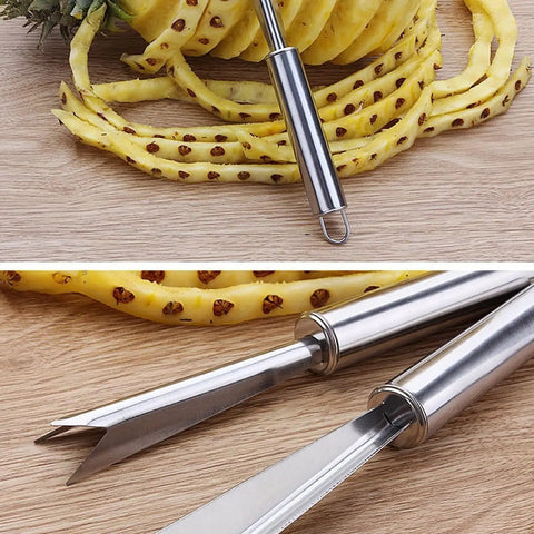 Pineapple Eye Peeler And Remover Tool Set With V Shape Stainless Steel Blades on wooden board with peeled pineapple slices.