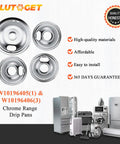 Chrome Burner Drip Pan Kit For Whirlpool Electric Ranges Includes 8 Inch And 3 Inch And 6 Inch Drip Pans, four pans displayed.