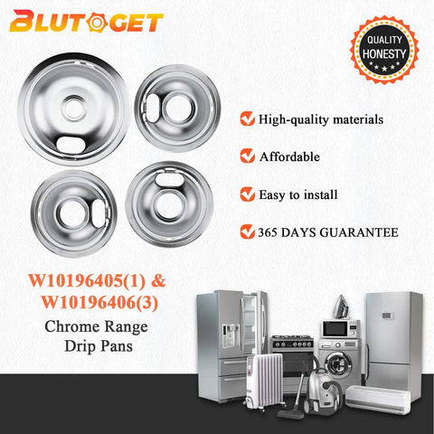 Chrome Burner Drip Pan Kit For Whirlpool Electric Ranges Includes 8 Inch And 3 Inch And 6 Inch Drip Pans, four pans displayed.