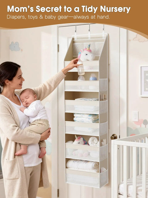 Woman with baby near beige Over The Door Organizer That Turns Any Door Into A Storage Powerhouse With 6 Shelves And 13 Mesh Pockets