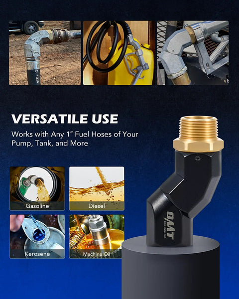 Two Piece One Inch NPT Fuel Hose Nozzle Swivel Kit With 360 Degree Rotation For Easy Safe Fueling And Flexible Angled Access Gas Pump Ready Fits Any 1 Inch Hose Or Nozzle Leak Free And Durable. Brass and black 1-inch NPT fuel hose swivel kit for gasoline, diesel, and kerosene