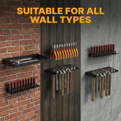 Wall Mount Hand Tool Organizer Rack For Workshop And Garage, Screwdriver And Pliers Holder, Hammer Storage Rack, 4 Pack Wall Mounted Tool Organizer For Home, Shed And Workbench, Keeps Tools Visible And Right At Arm Reach displayed on various wall types.