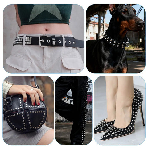 Badass 543 Piece Punk Studs And Spikes Kit With Eight Cone Sizes, Square Pyramid Nails, Rounded Leather Rivets, Heavy Duty Punch Tools And Case for enhancing accessories like belts, collars, bags, pants, and shoes.
