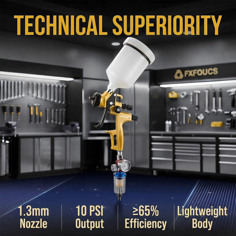 Straight Shooting HVLP Air Spray Gun Kit With Precise One Point Three Mm Tip, lightweight body and 1.3mm nozzle for automotive use.