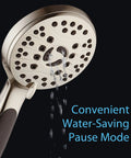 Boss-Level High Pressure 6-Setting Handheld Shower Head With 6-Foot Stainless Hose and Anti Clog Rub-Clean Jets, pause mode shown