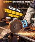 Cordless 4-1/2 Inch Angle Grinder With 21V Brushless Motor in use at 10000 RPM cutting metal rod, sparks flying