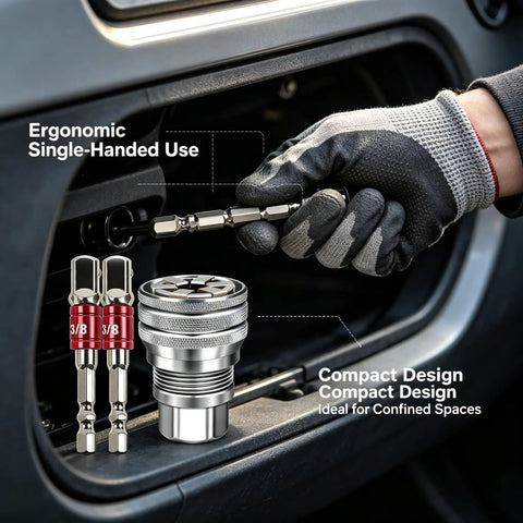 Two Sets Of Adjustable Socket Wrenches Featuring Killer Auto Grip Tech, compact design, ideal for tight spaces, ergonomic single-handed use.