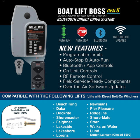 Gen 6 Direct Drive Boat Lift System With Install Kit And Handy Smartphone App Control For Easy Auto Stop Auto Run Programmable Limits And Field Serviceable Components, gray unit and phone