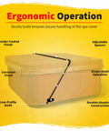 Infographic of Low Mount Spa Cover Lift for Rectangular and Square Spas Up to 8 Feet Wide showing ergonomic features and highlights.