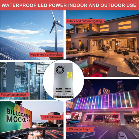 Workhorse 350W Single Output Switching Power Supply With Straight Up 12V 29A Delivery And Selectable Dual Voltage Input shown in various industrial and outdoor settings.
