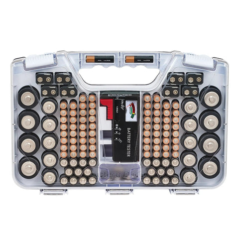 Hella Smart Portable Battery Organizer Storage Case With Built In Tester Holds A Solid Load Of Cells Double Sided Design Employs Clear View Cover To Keep Everything Secure And Ready