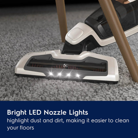 Electrolux Ergorapido cordless vacuum cleaner head, front view, with LED nozzle lights on carpet.