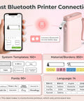 Label Maker With Tape Pack P21 Bluetooth Printer Wireless Slick Mini Label Maker With 3 Tapes And Case Multiple Templates And Icon Font Custom Labels For School Office Home Use Pocket Size Pink shown with app interface and templates.