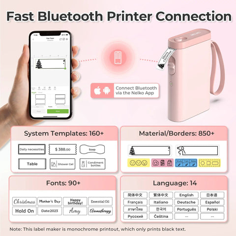 Label Maker With Tape Pack P21 Bluetooth Printer Wireless Slick Mini Label Maker With 3 Tapes And Case Multiple Templates And Icon Font Custom Labels For School Office Home Use Pocket Size Pink shown with app interface and templates.