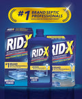 Rid-X septic system maintenance products with #1 brand label for preventing septic backups in prominently displayed packaging.