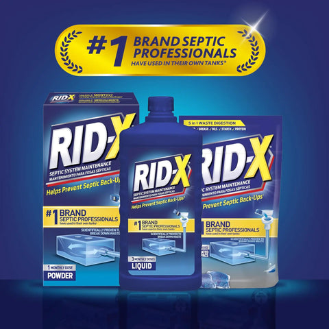 Rid-X septic system maintenance products with #1 brand label for preventing septic backups in prominently displayed packaging.