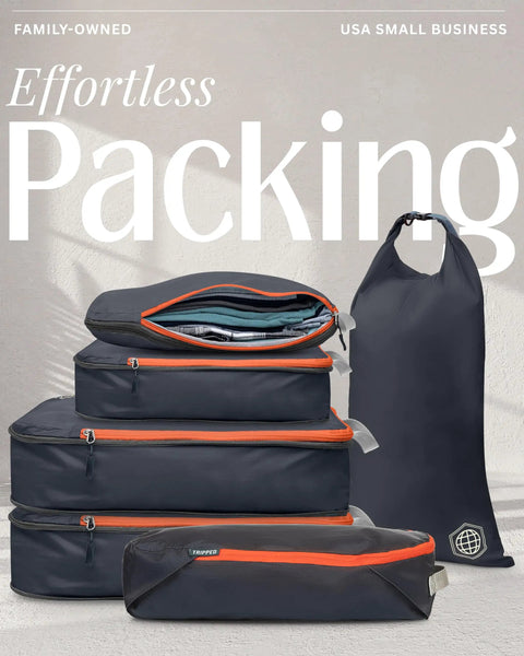 Compression Packing Cubes For Travel Six Piece Lightweight Organizer Set For Carry On Luggage And Backpacks in Grey and Orange