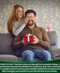 Couple on couch, woman covers man's eyes as he holds a gift box, text about LPALNTYS 10x8 FT Golf Net gift recommendation below