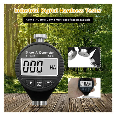 Dead Accurate Digital Shore Durometer Type A D C Hardness Tester Meter with bright LCD screen among outdoor setting.
