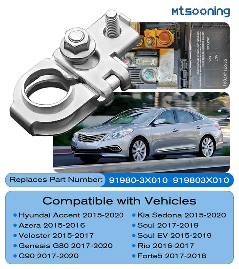 Built Tough Copper Alloy Positive Battery Terminal With Nuts Heavy Duty Rust Resistant Auto Electrical Connector For No Sweat Road Ready Performance Direct Replacement Fits Most Domestic Cars And Trucks image showing close-up of the terminal and vehicle compatibility.