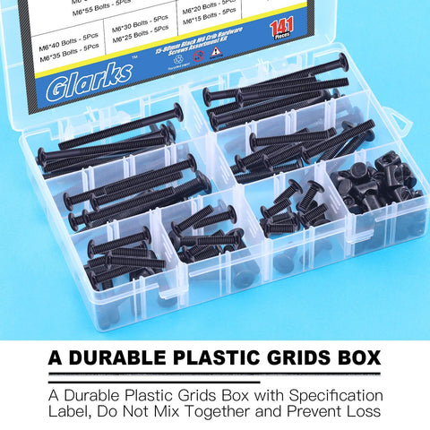 All In One Baby Crib Hardware Kit With M6 Hex Socket Cap Bolts And Nuts 141 Pcs in clear plastic organizer box