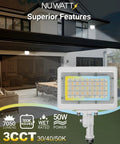Heavy Duty 50W LED Flood Light With 3CCT 3000K 4000K 5000K IP65 Waterproof Outdoor Security Floodlight 7050LM in front of house.