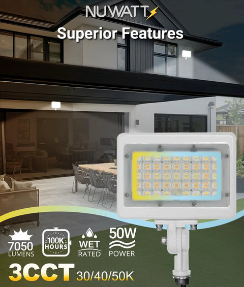 Heavy Duty 50W LED Flood Light With 3CCT 3000K 4000K 5000K IP65 Waterproof Outdoor Security Floodlight 7050LM in front of house.