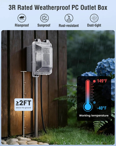 All In One Outdoor GFCI Kit With In Use Cover And Junction Box No Fuss 1 Gang Non Metal Weatherproof Outlet Box 20 Amp TR WR UL Listed GFCI Receptacle Extra Duty Lockable Cover Black 1 Pack installed on outdoor wall, showing weather resistance features.
