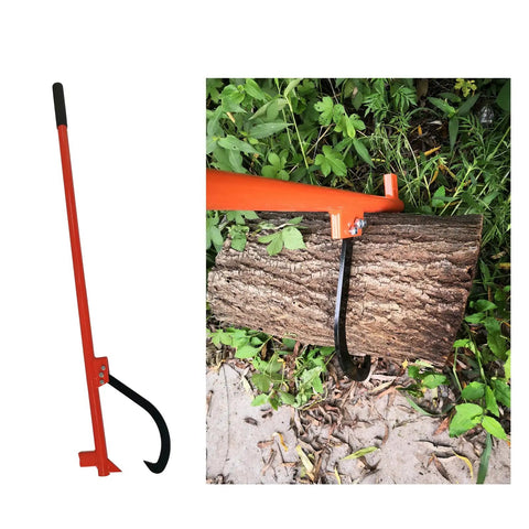 51 Inch Timberjack Log Lifter With Adjustable Cant Hook Roller lifting a log, orange heavy-duty steel with black handle.