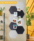 12 Pack Self Adhesive Sound Absorbing Felt Wall Panels Easy Peel And Stick Acoustic Tiles arranged as a bulletin board with photos.