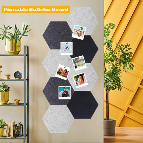 12 Pack Self Adhesive Sound Absorbing Felt Wall Panels Easy Peel And Stick Acoustic Tiles arranged as a bulletin board with photos.