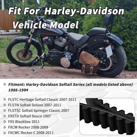 Ultimate Rear Drive Belt 133T Fits Harley Davidson Softail Models Replaces 40058-07 motorcycle parked on pavement with leather bag