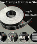 Stainless Steel Large Worm Gear Hose Clamps Kit With 32.81 Feet Adjustable Band And 20 Strong Fasteners For Plumbing Auto Tube Fuel Line Duct Pipe Clamp Assortment For Precise Do It Yourself Hose Repairs showing coiled band and fasteners.