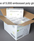 Box containing 10 packs of 500 clear embossed poly gloves for food handling, large size, ambidextrous, textured grip