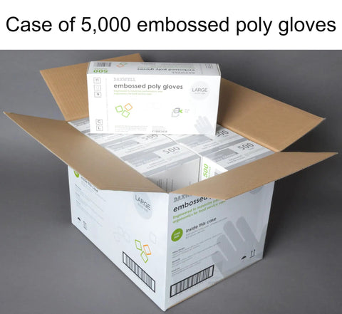 Box containing 10 packs of 500 clear embossed poly gloves for food handling, large size, ambidextrous, textured grip