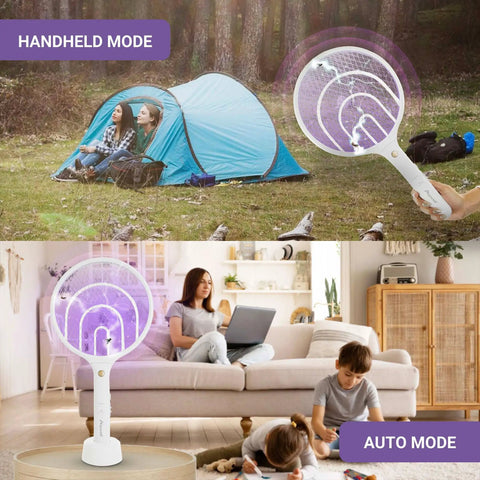 Electric Fly Zapper Racket Two Pack 3000V Rechargeable Bug Killer for Indoor and Outdoor Use 2 In 1 Handheld and Stand