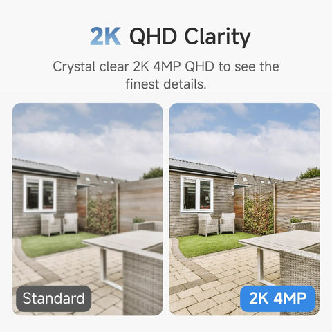 Image comparing standard and Wireless Outdoor Security Camera 2K With AI Motion Detection clarity of outdoor patio view.