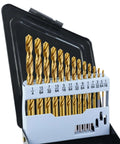Front view of a 13-piece cobalt left-hand drill bit set with TiN-coated HSS bits in a white index case.