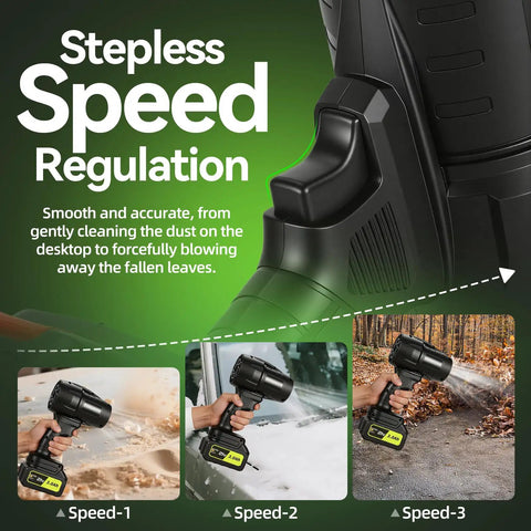 100000 RPM Cordless Leaf Blower With Dual 3Ah Batteries And Fast Charger showing stepless speed regulation for dust to leaves.