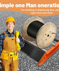 Heavy Duty Cable Roller Stand With 28-Inch Reel Capacity for wires, shown with worker on gravel worksite.