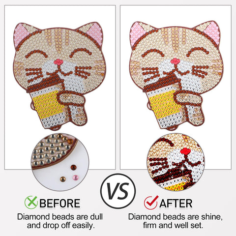 Comparison of a cat diamond painting before and after using Diamond Painting Sealer With Applicator Handy Diamond Painting Adhesive.